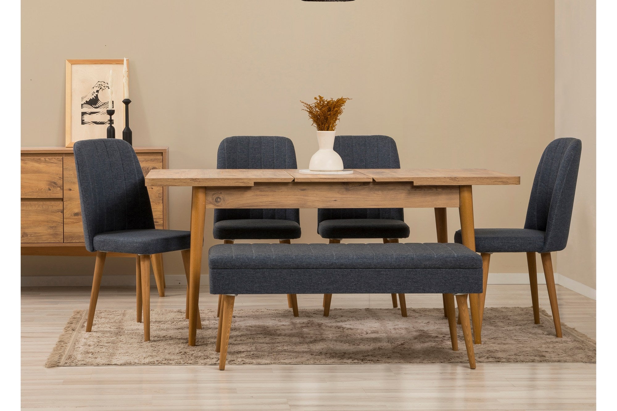 Conjunto de mesa de jantar extensível, cadeiras e Aparador (7 peças)-Vina-Pinheiro Atlântico
Azul Escuro