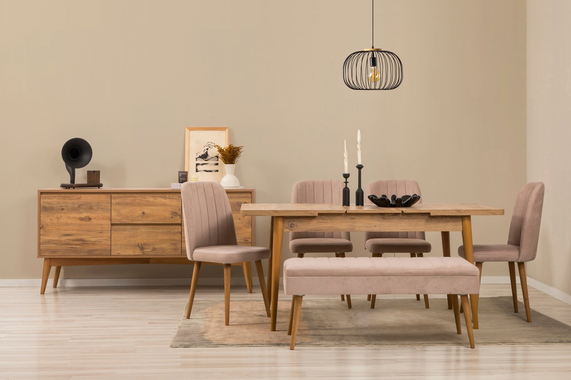 Conjunto de mesa de jantar extensível, cadeiras e Aparador (7 peças)-Vina-Pedra de Pinho Atlântico