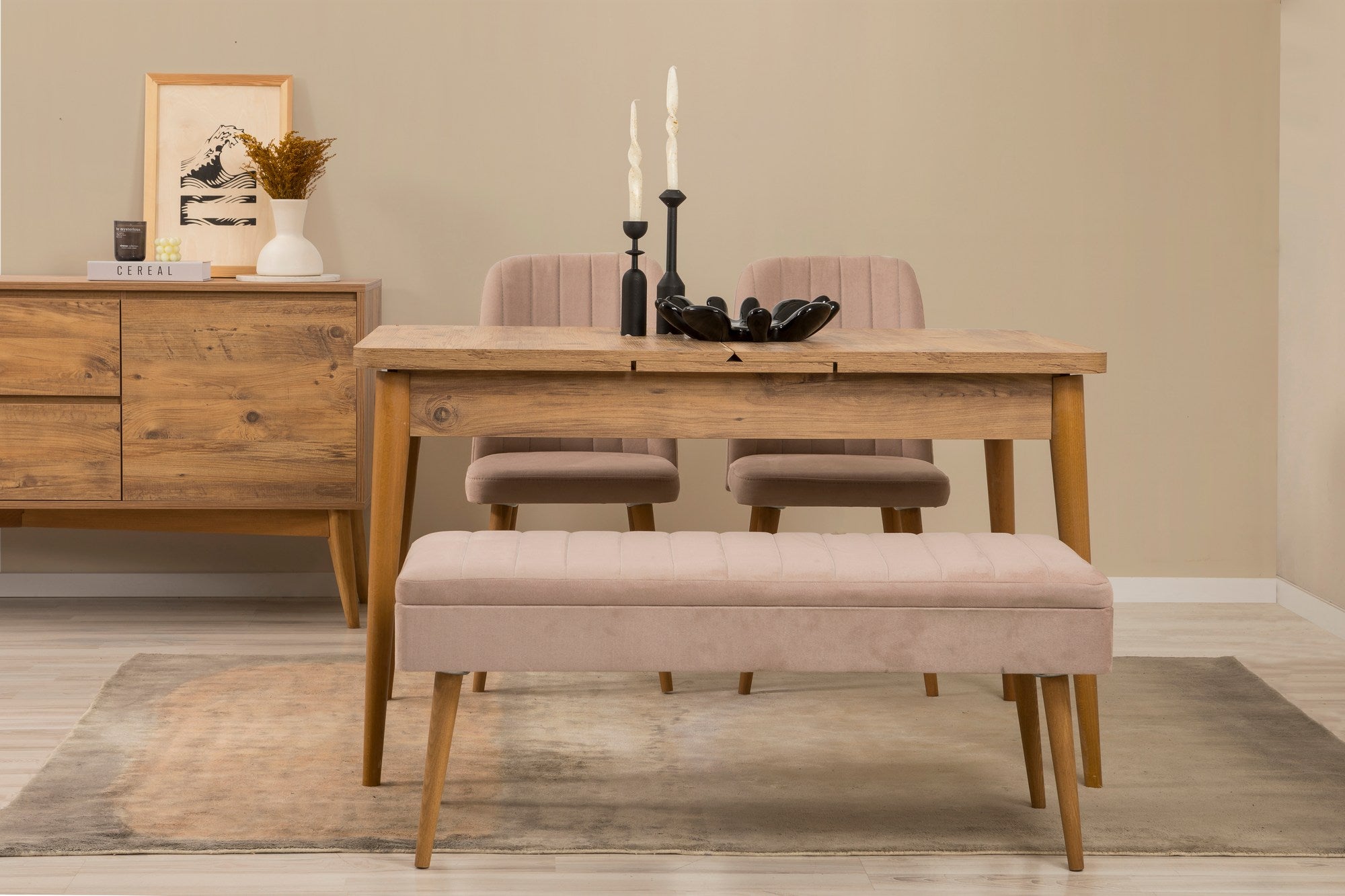 Conjunto de mesa de jantar extensível, cadeiras e Aparador (7 peças)-Vina-Pedra de Pinho Atlântico