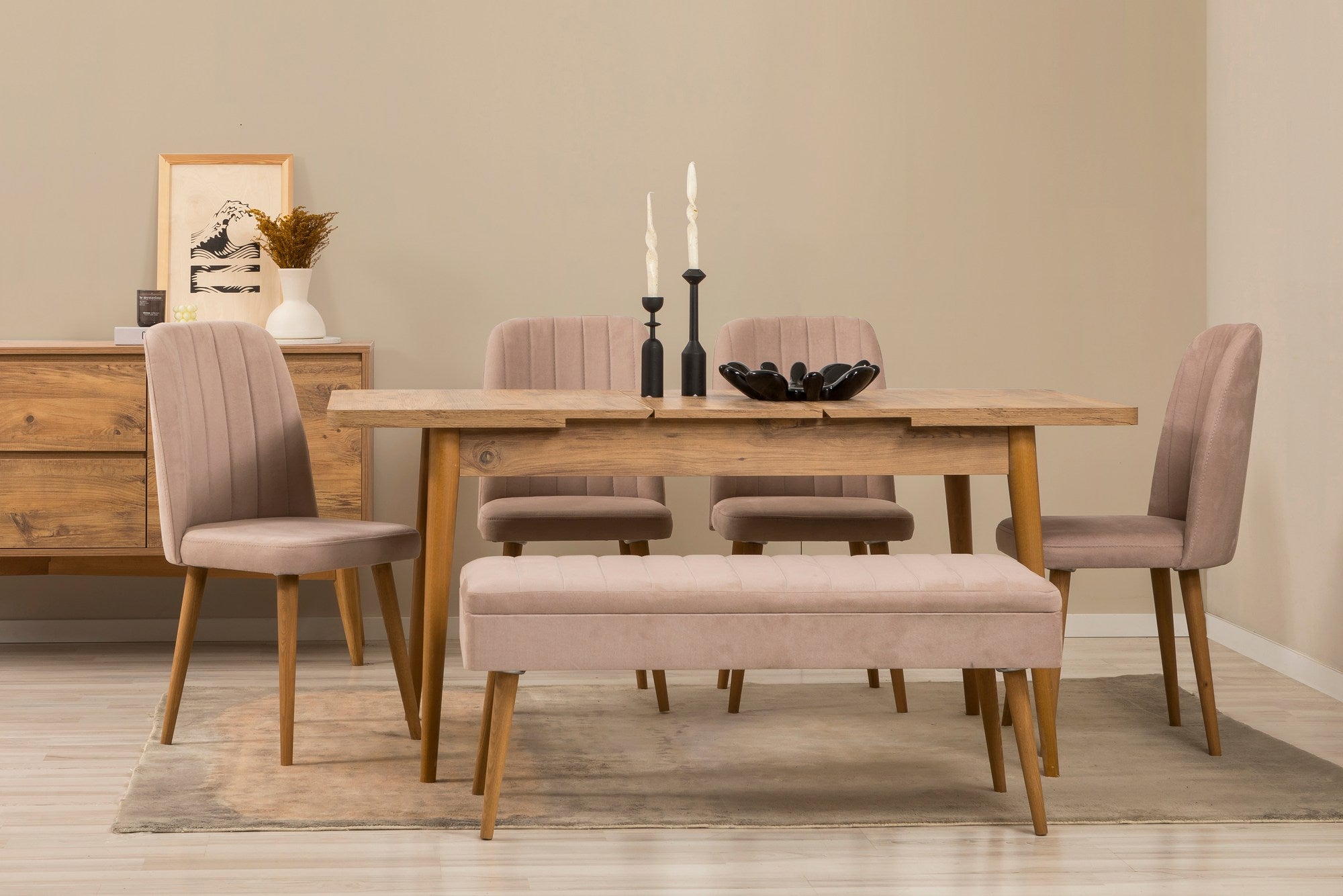 Conjunto de mesa de jantar extensível, cadeiras e Aparador (7 peças)-Vina-Pedra de Pinho Atlântico