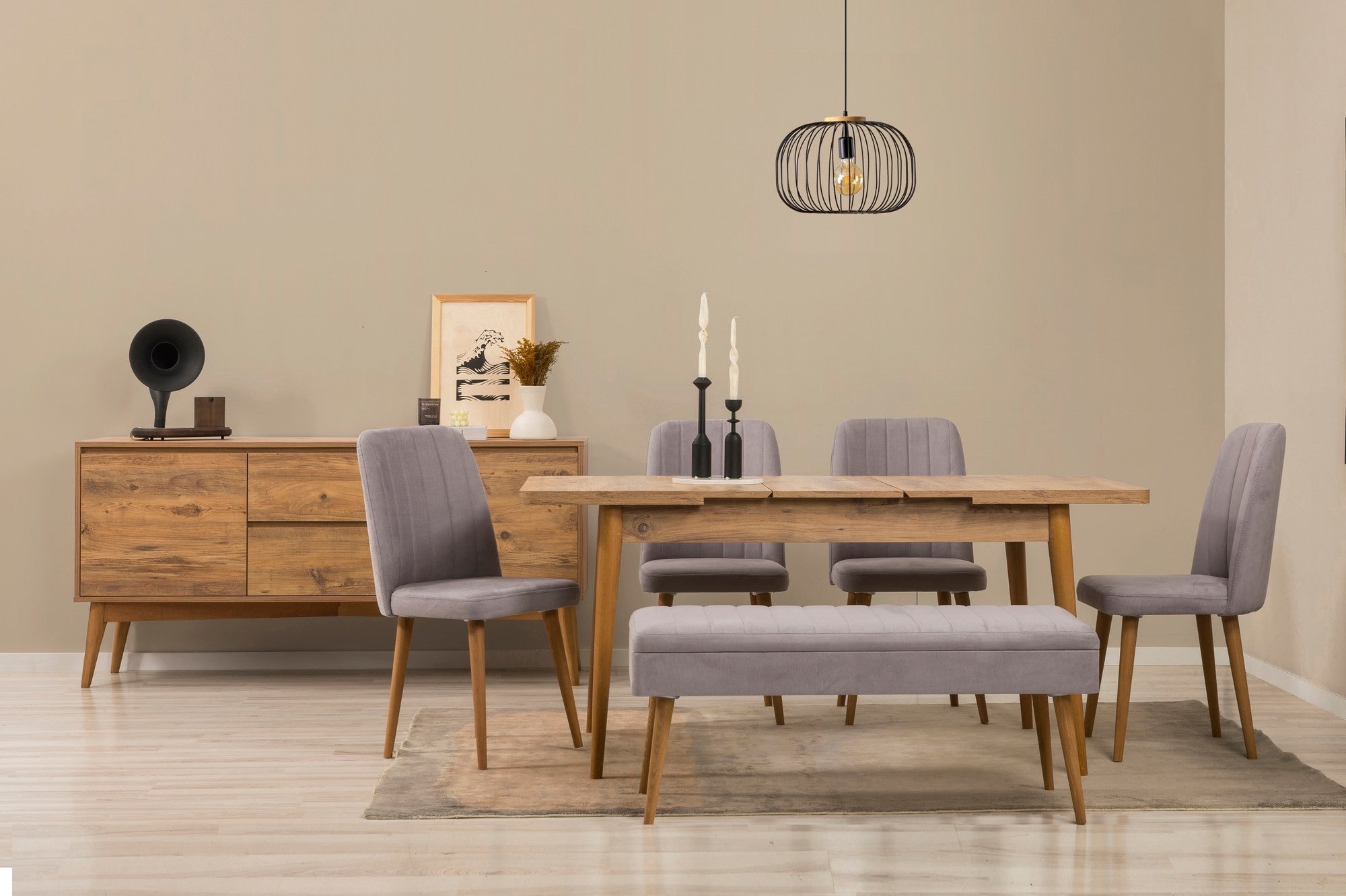 Conjunto de mesa de jantar extensível, cadeiras e Aparador (7 peças)-Vina-Pinheiro Atlântico
Cinza