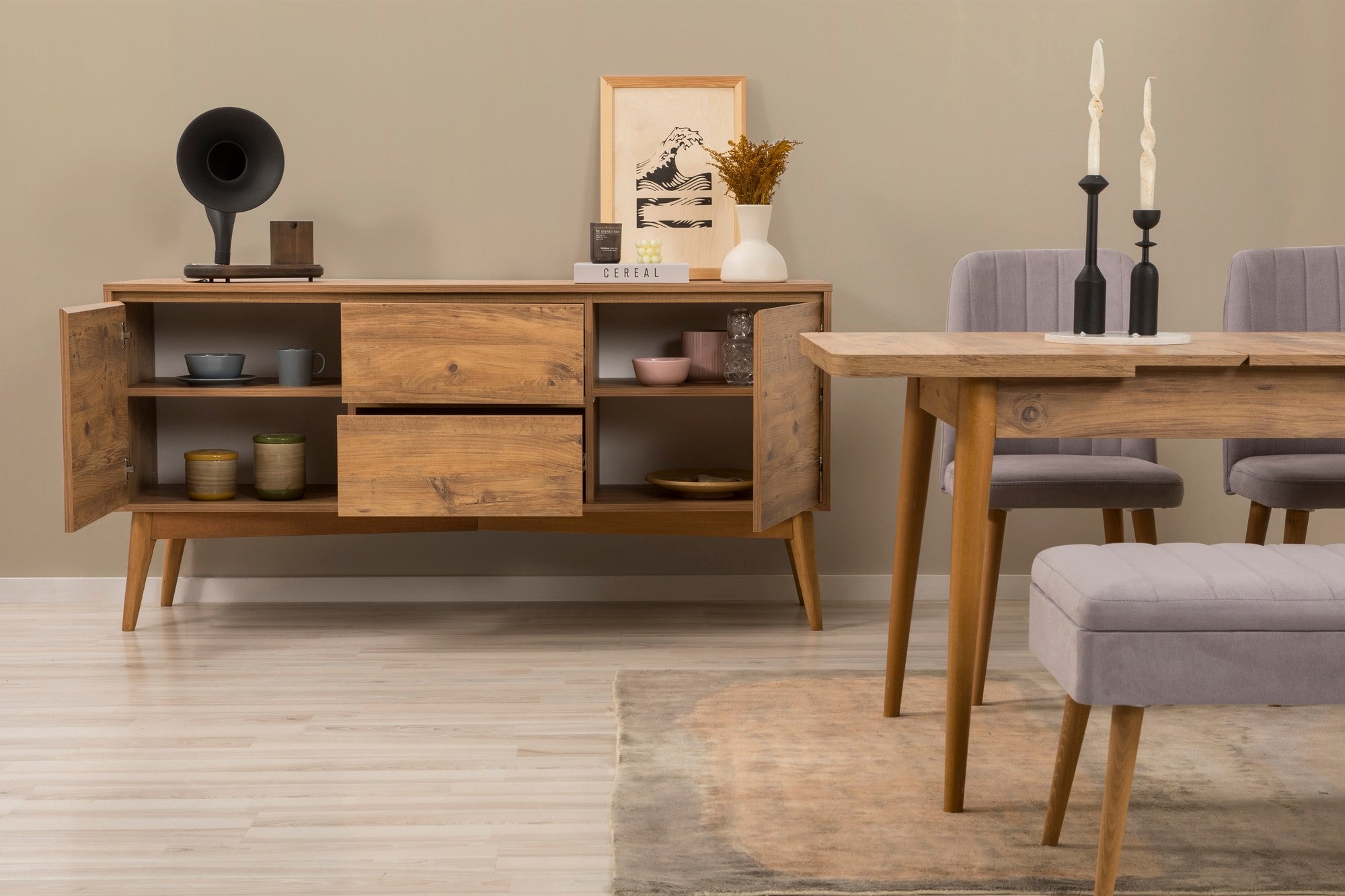 Conjunto de mesa de jantar extensível, cadeiras e Aparador (7 peças)-Vina-Pinheiro Atlântico
Cinza