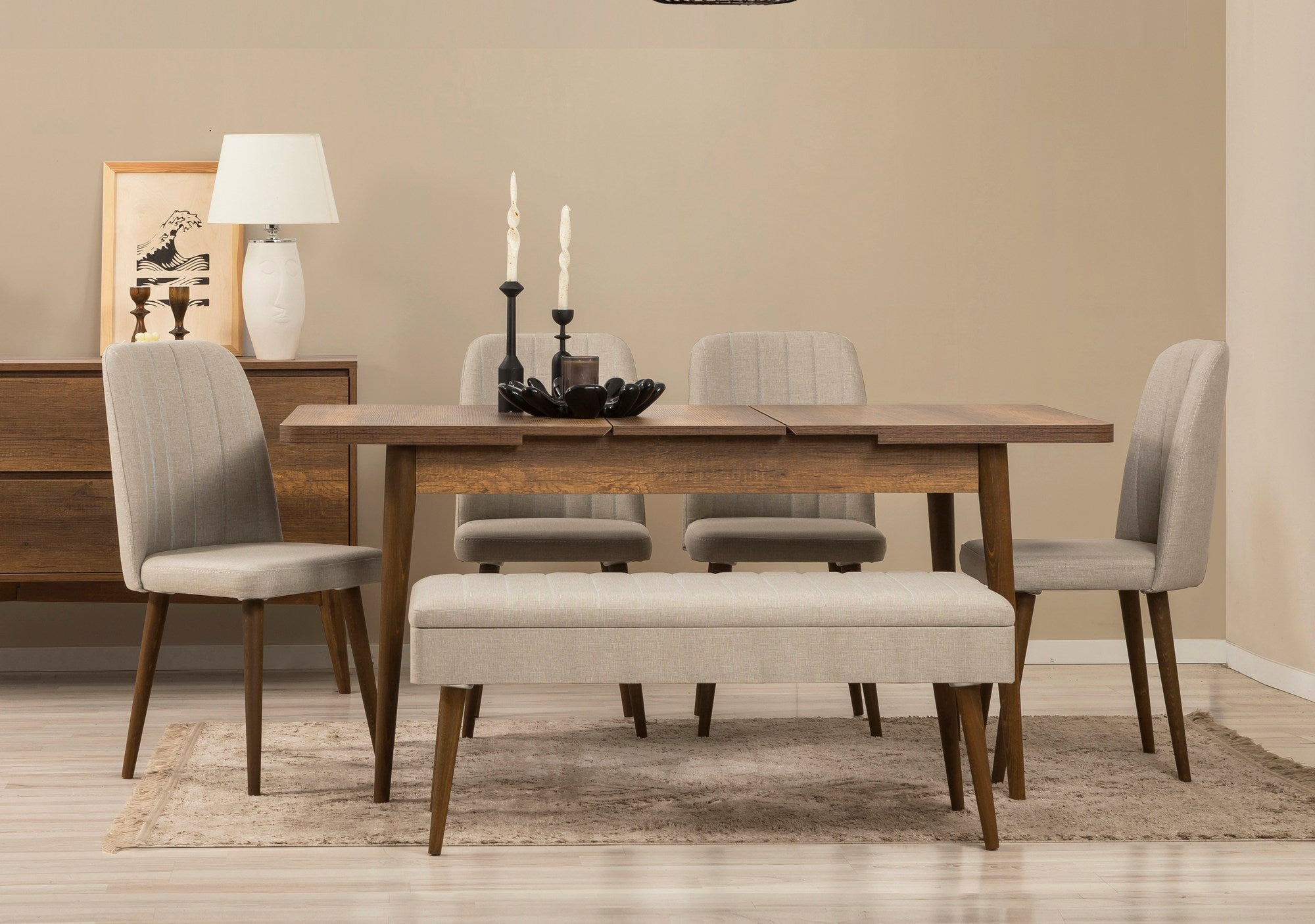 Conjunto de mesa de jantar extensível, cadeiras e Aparador (7 peças)-Vina-Nozes
Creme