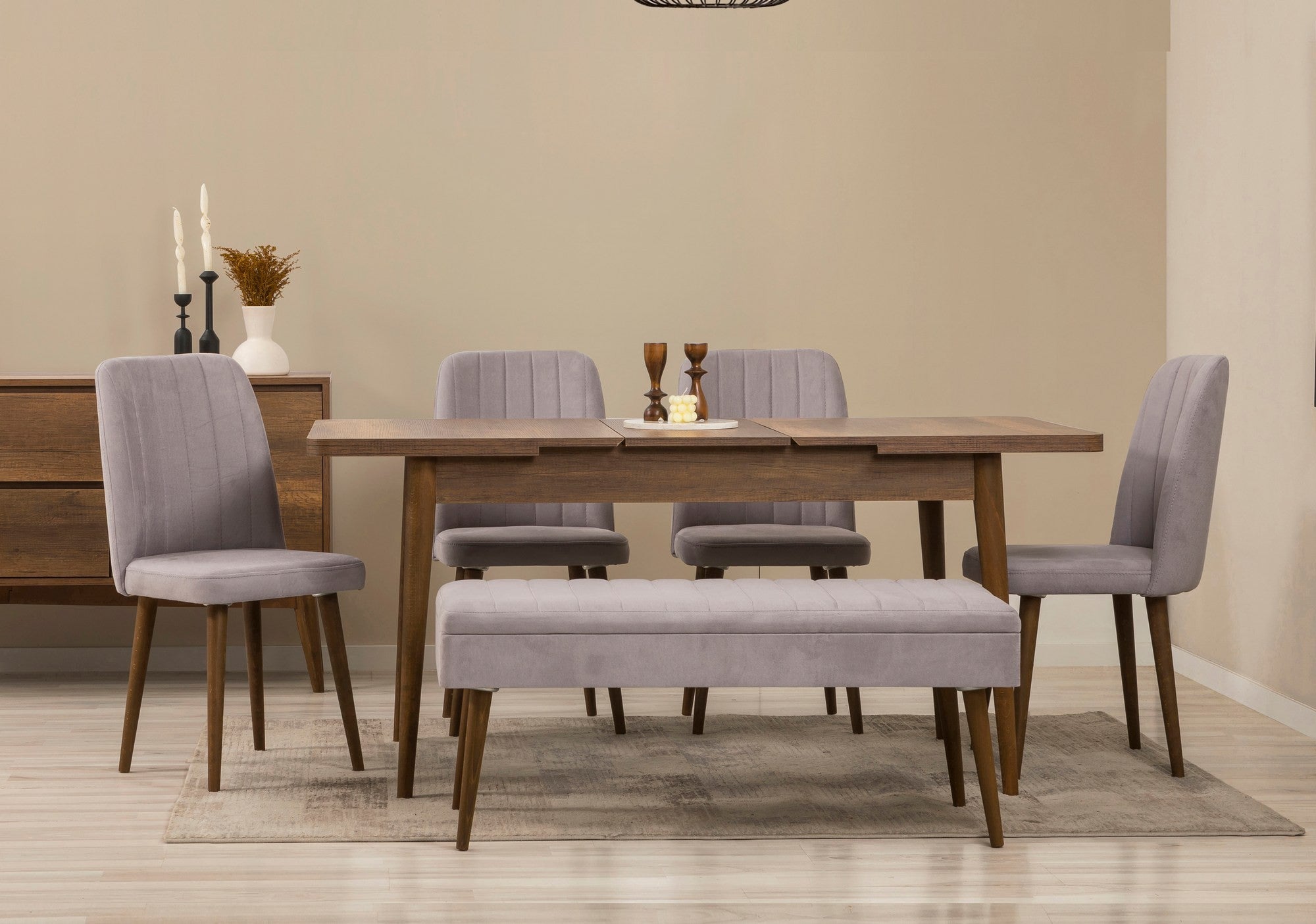 Conjunto de mesa de jantar extensível, cadeiras e Aparador (7 peças)-Vina-Nogueira
Cinza