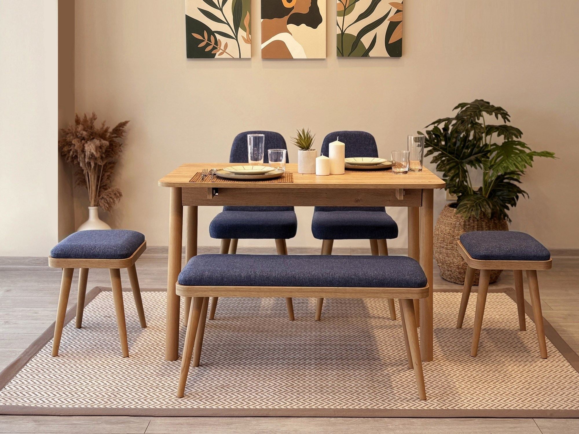Conjunto de mesa de jantar extensível e cadeiras (6 peças)-Vina-Carvalho
Azul Escuro