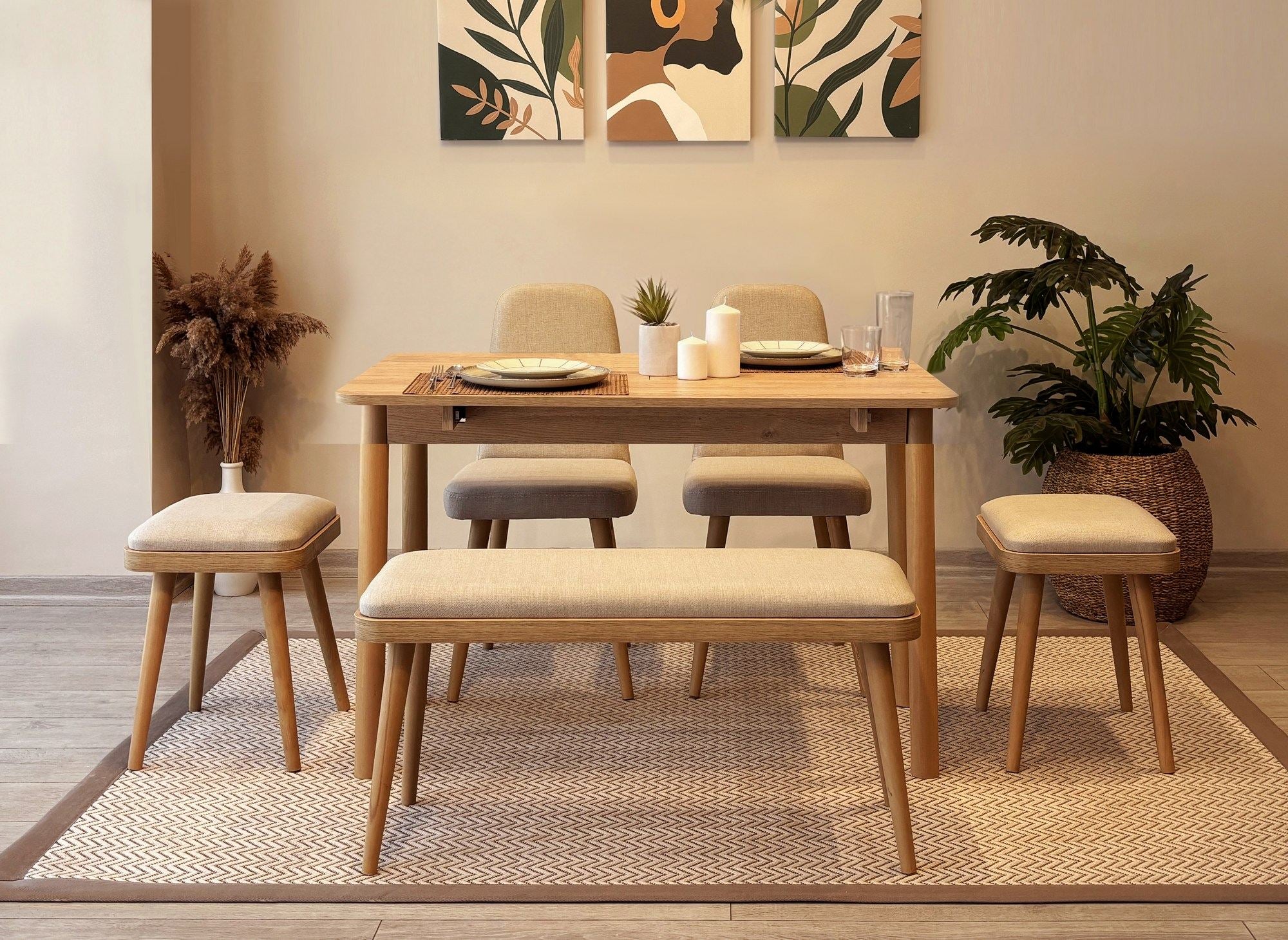 Conjunto de mesa de jantar extensível e cadeiras (6 peças)-Vina-Carvalho
Creme