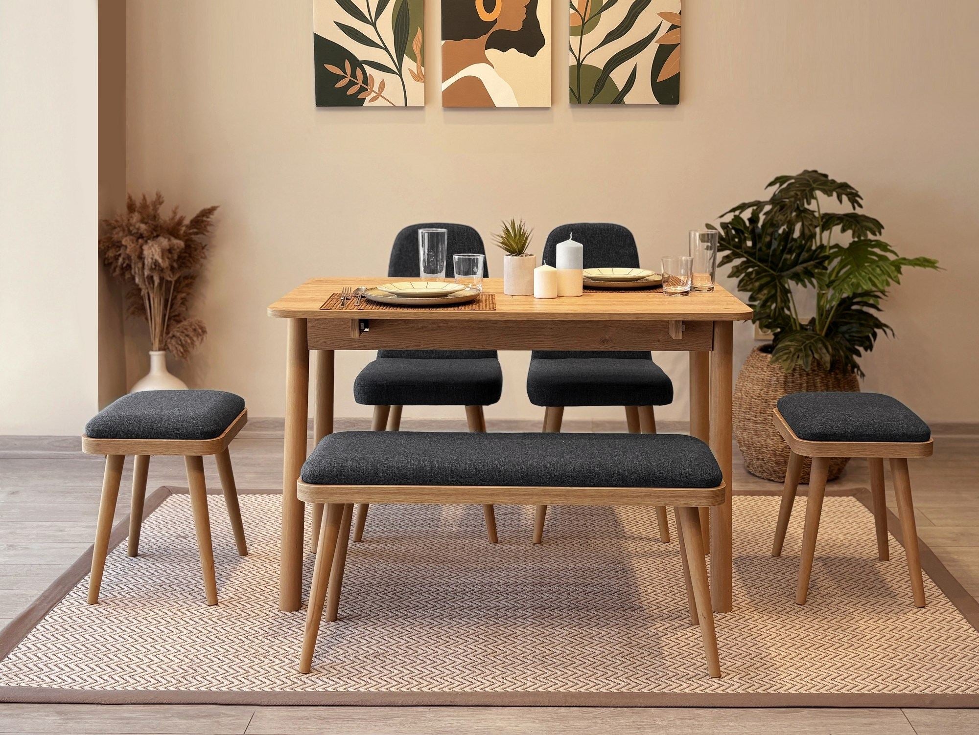 Conjunto de mesa de jantar extensível e cadeiras (6 peças)-Vina-Carvalho
Antracite