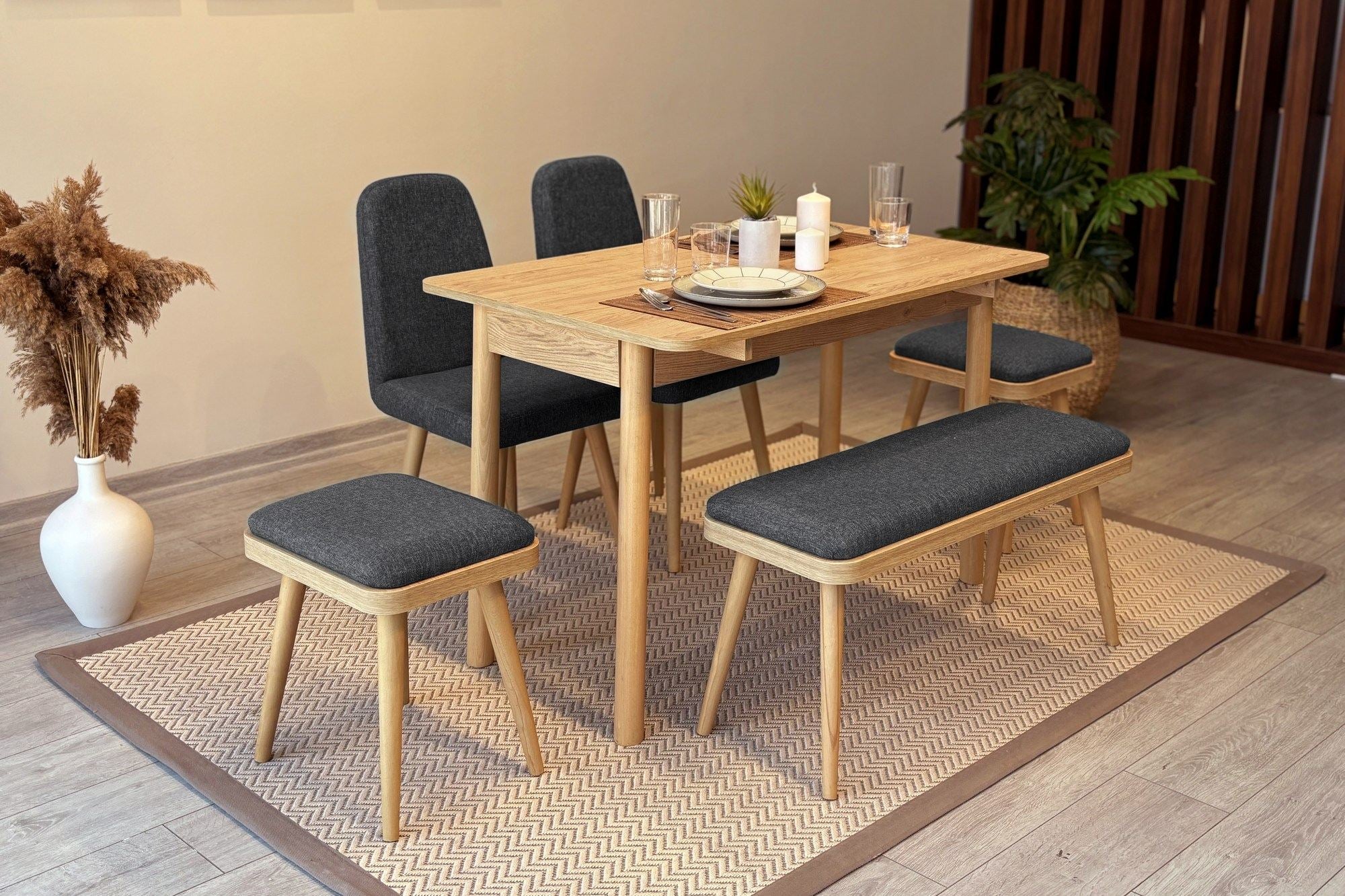 Conjunto de mesa de jantar extensível e cadeiras (6 peças)-Vina-Carvalho
Antracite