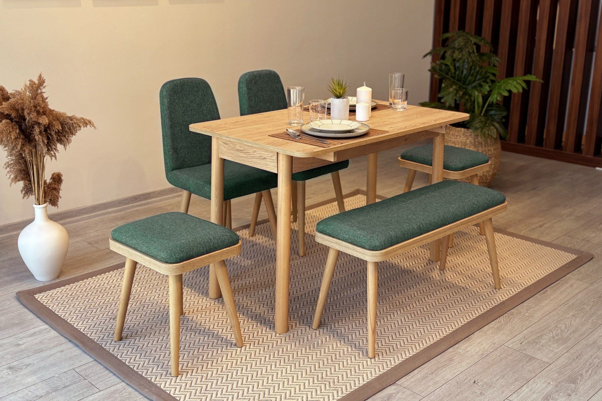 Conjunto de mesa de jantar extensível e cadeiras (6 peças)-Vina-Carvalho
Verde