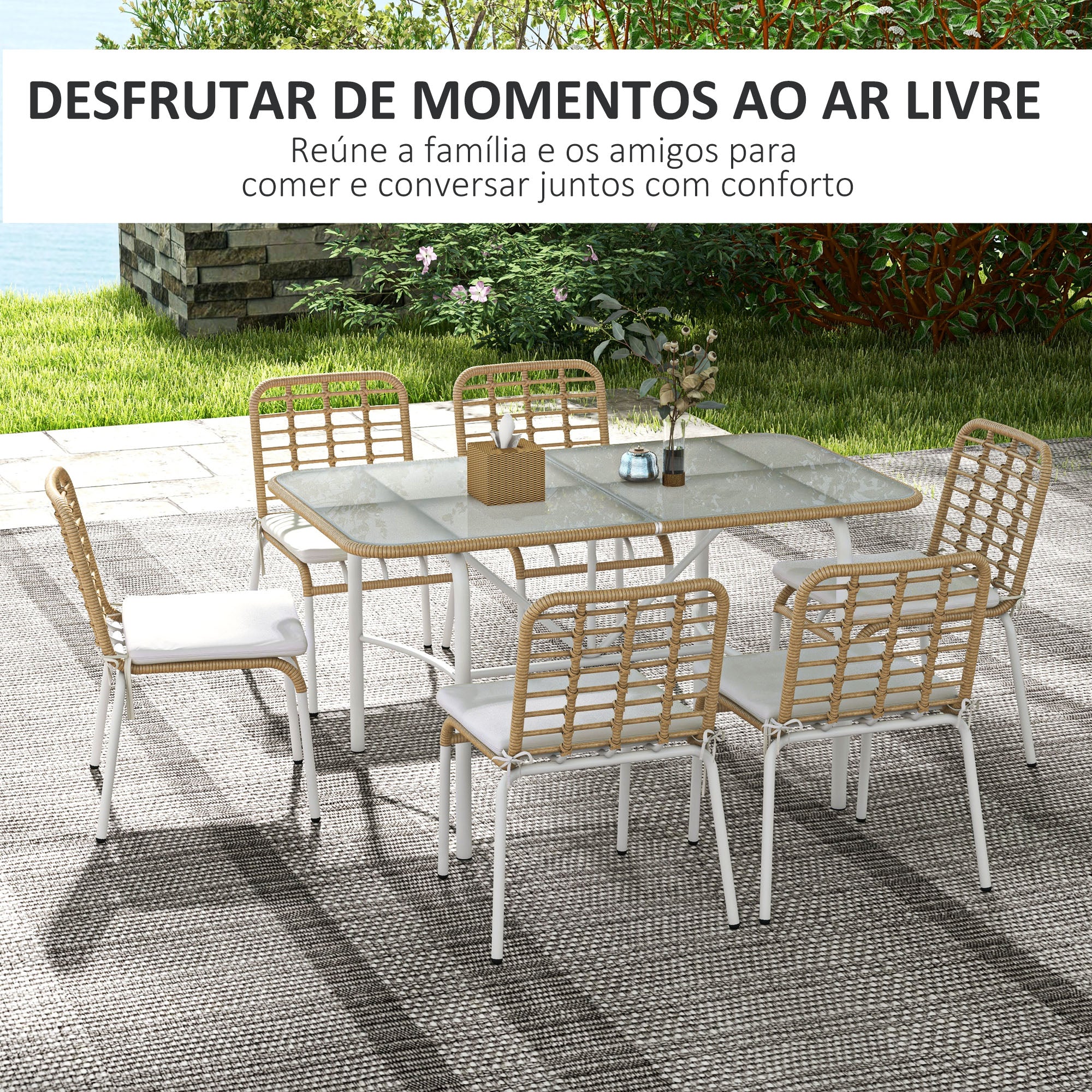 Conjunto de Refeição de Vime Sintético 7 Peças - Cor de Madeira Natural 139x78x73 cm