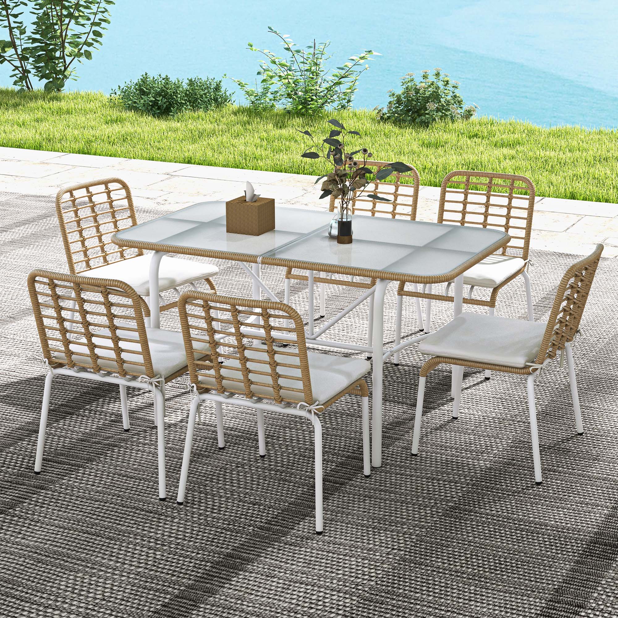 Conjunto de Refeição de Vime Sintético 7 Peças - Cor de Madeira Natural 139x78x73 cm