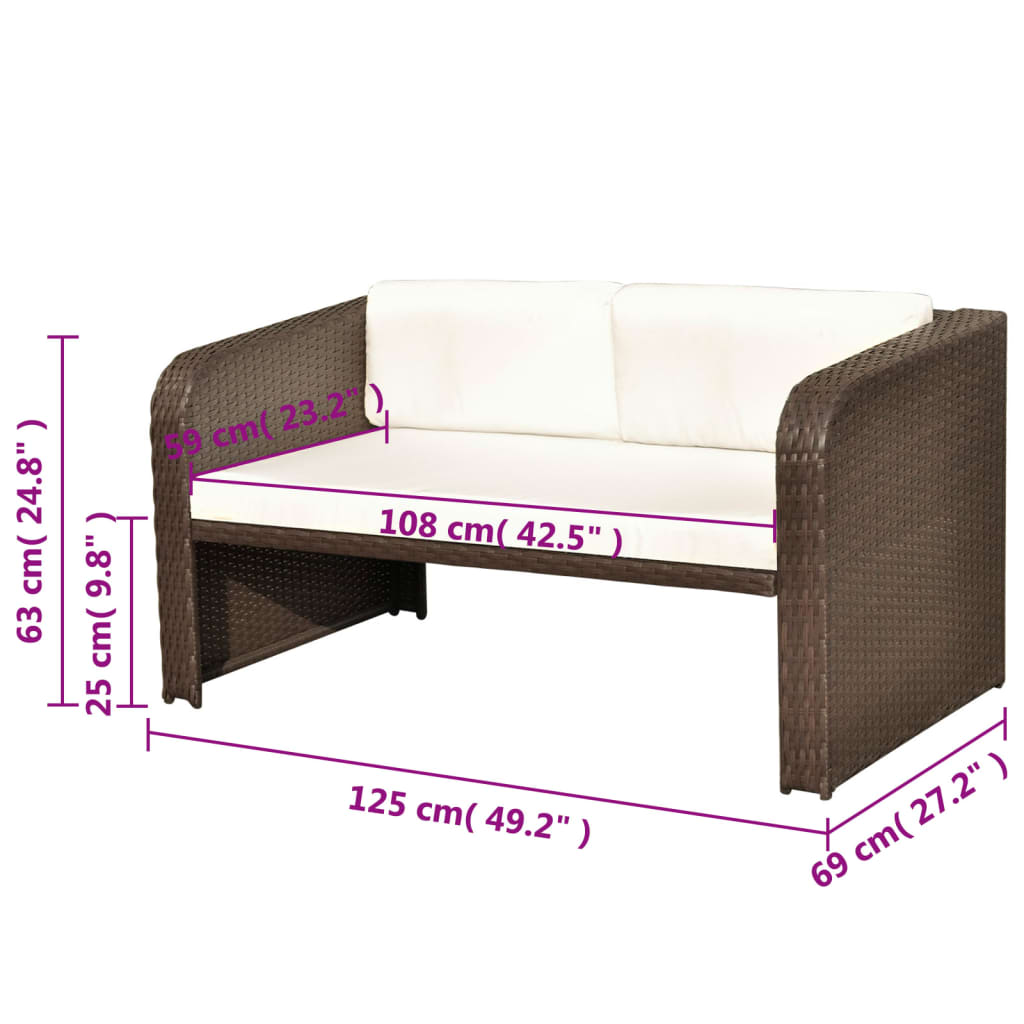 4 pcs conjunto lounge jardim c/ almofadões vime PE castanho
