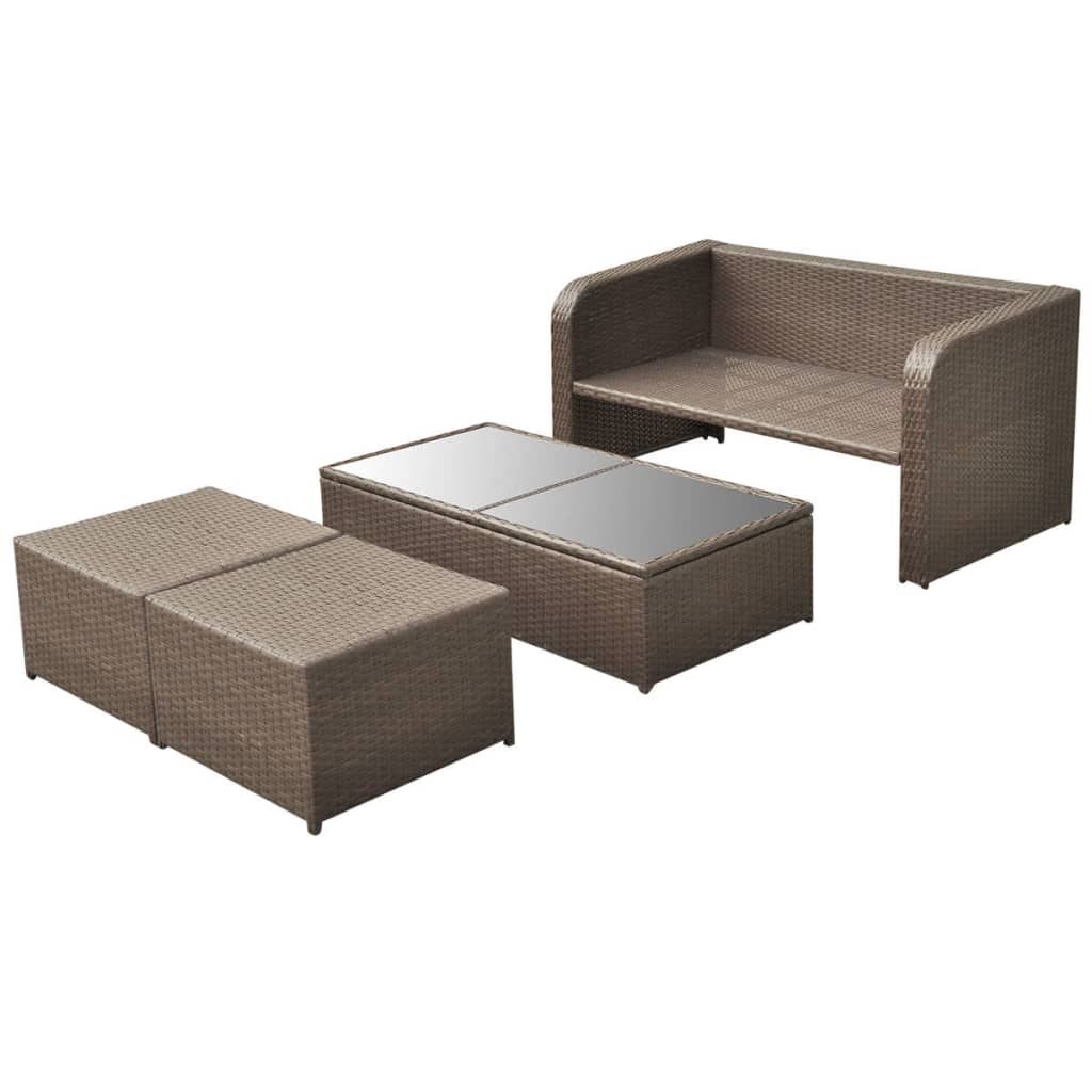 4 pcs conjunto lounge jardim c/ almofadões vime PE castanho