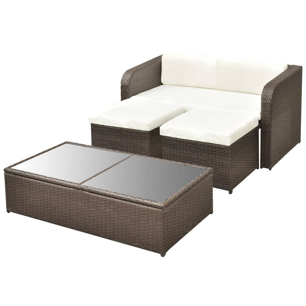 4 pcs conjunto lounge jardim c/ almofadões vime PE castanho