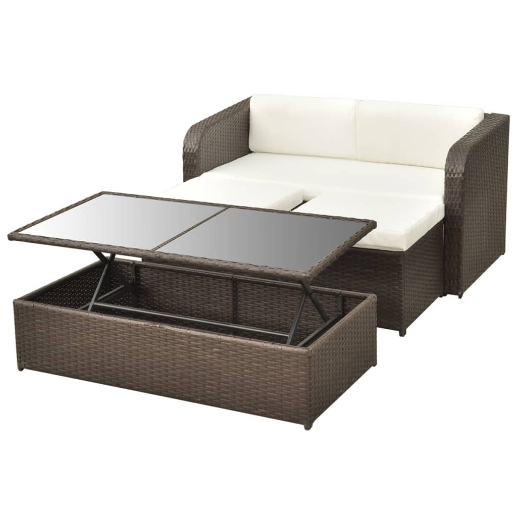 4 pcs conjunto lounge jardim c/ almofadões vime PE castanho