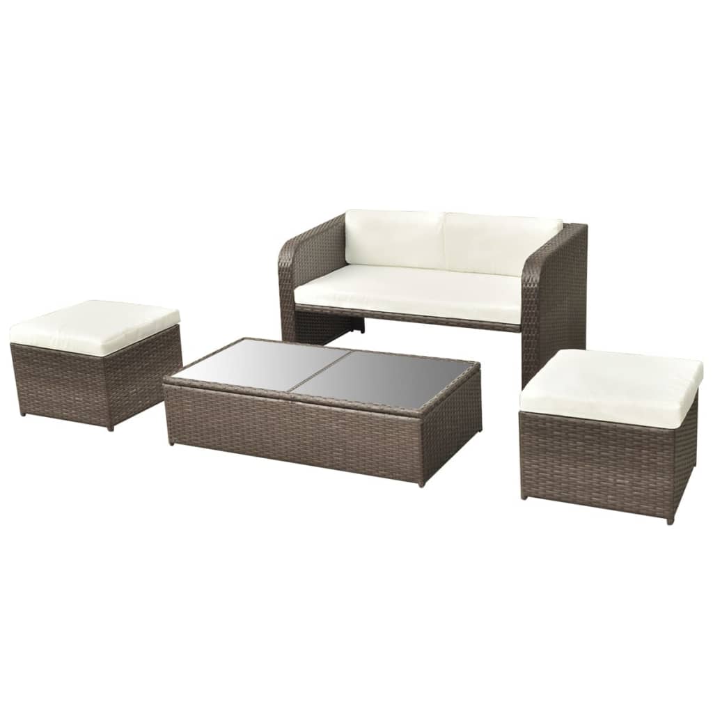 4 pcs conjunto lounge jardim c/ almofadões vime PE castanho