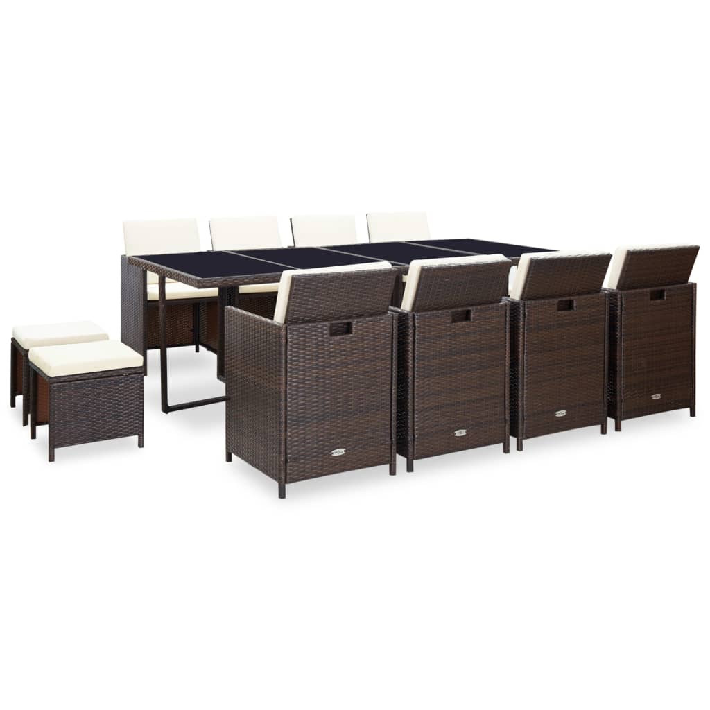 13 pcs conjunto jantar exterior com almofadões vime PE castanho
