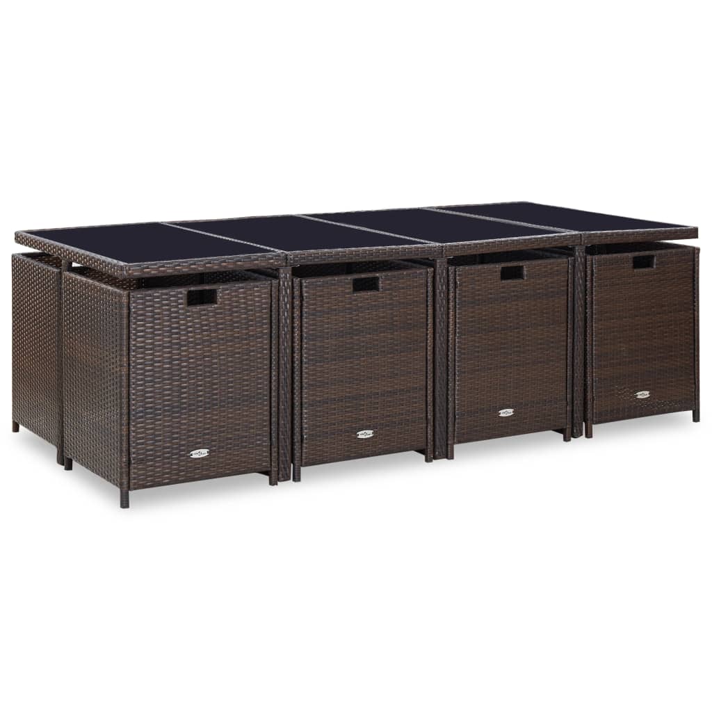 13 pcs conjunto jantar exterior com almofadões vime PE castanho