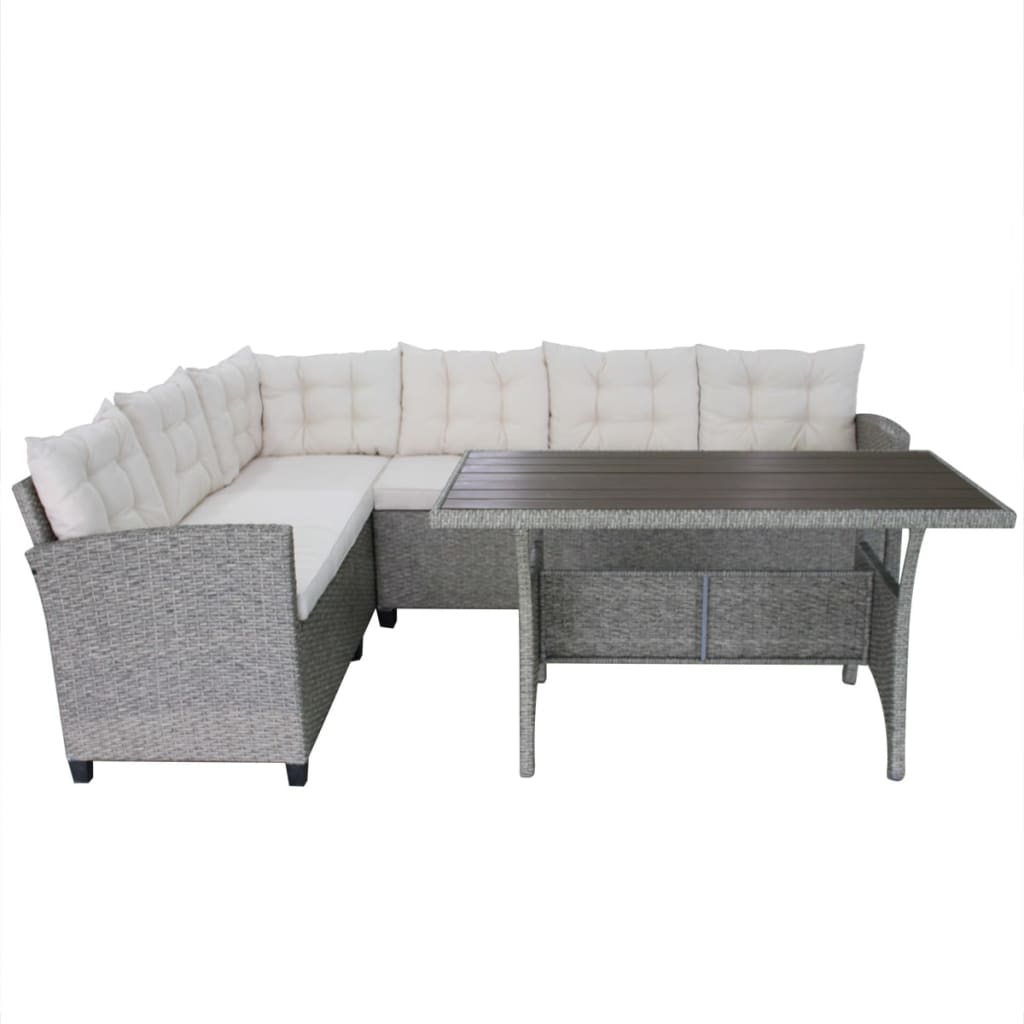 3 pcs conjunto lounge de jardim c/ almofadões vime PE cinzento