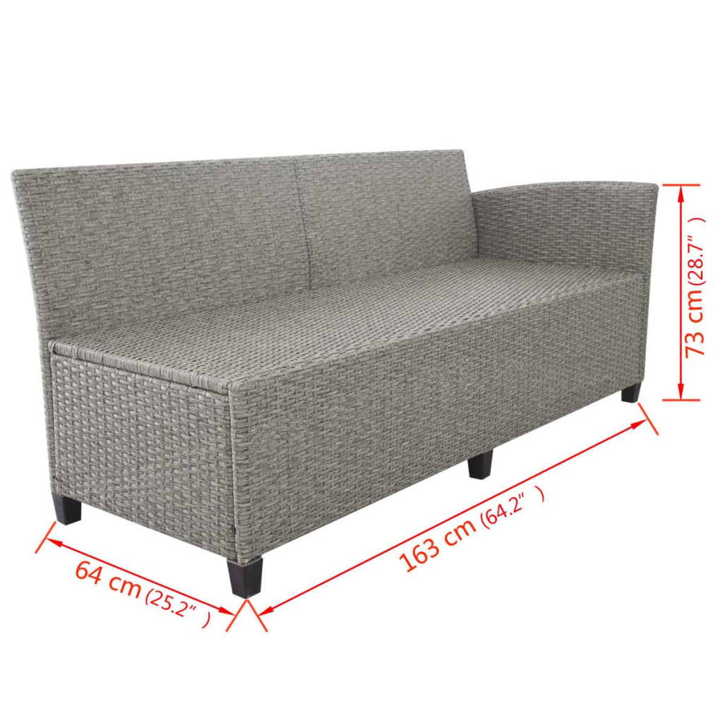 3 pcs conjunto lounge de jardim c/ almofadões vime PE cinzento