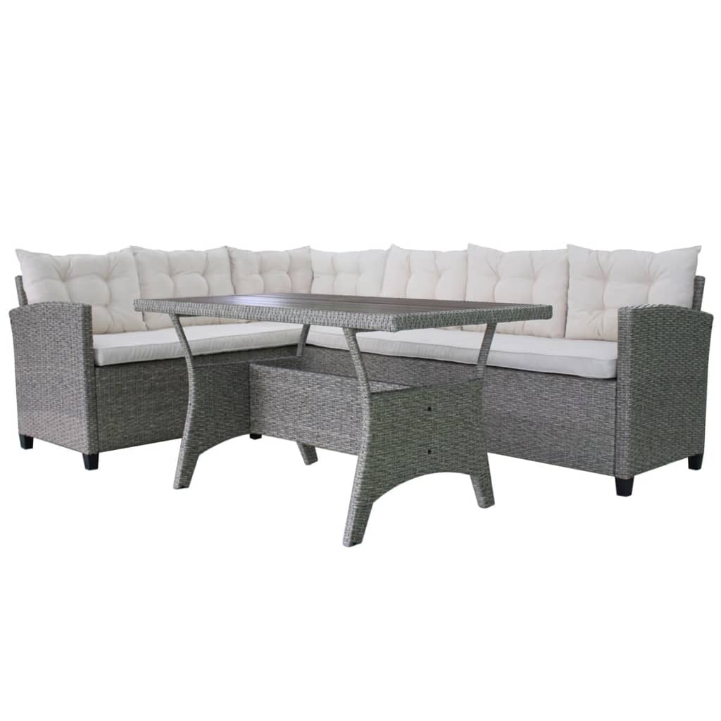 3 pcs conjunto lounge de jardim c/ almofadões vime PE cinzento