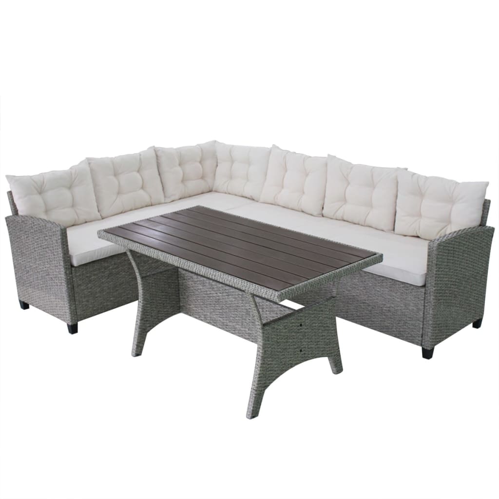 3 pcs conjunto lounge de jardim c/ almofadões vime PE cinzento