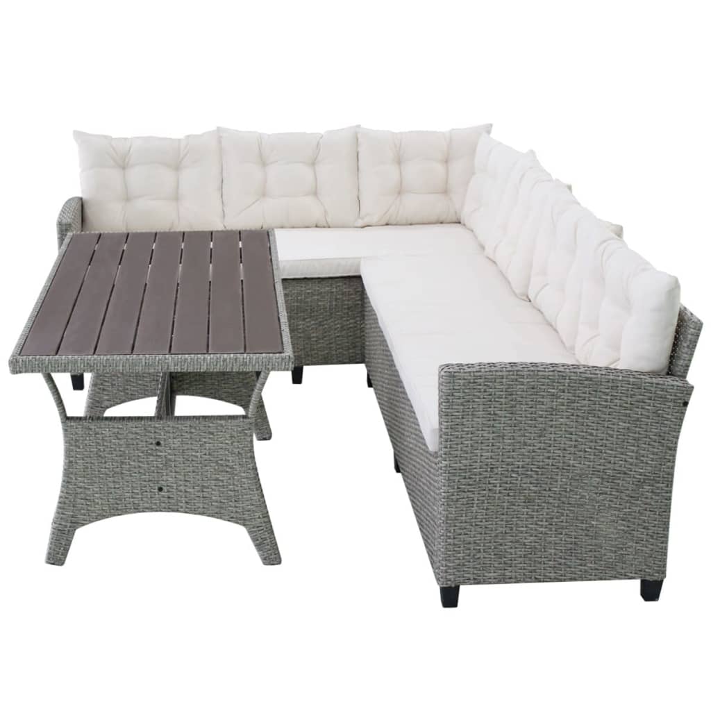3 pcs conjunto lounge de jardim c/ almofadões vime PE cinzento