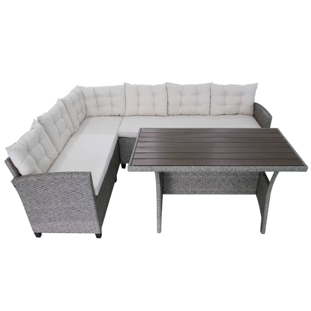 3 pcs conjunto lounge de jardim c/ almofadões vime PE cinzento