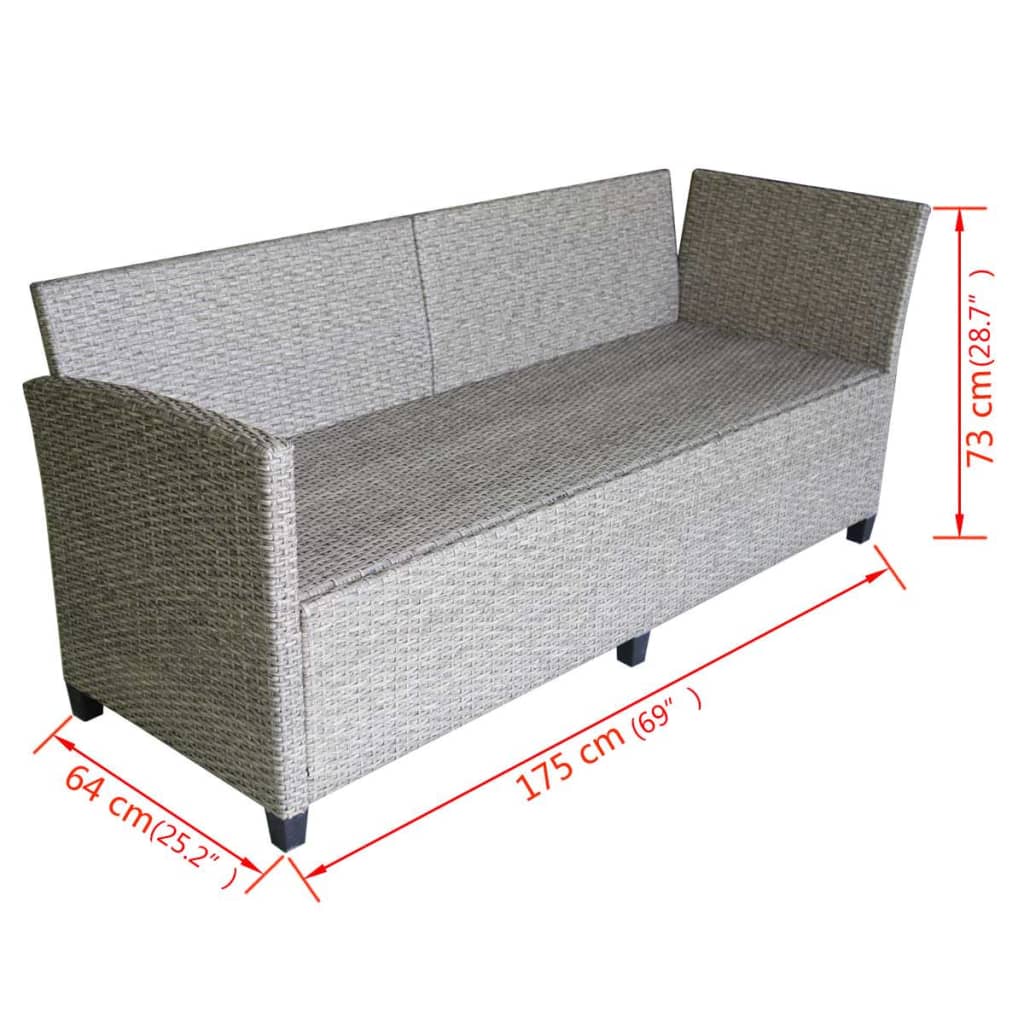 3 pcs conjunto lounge de jardim c/ almofadões vime PE cinzento