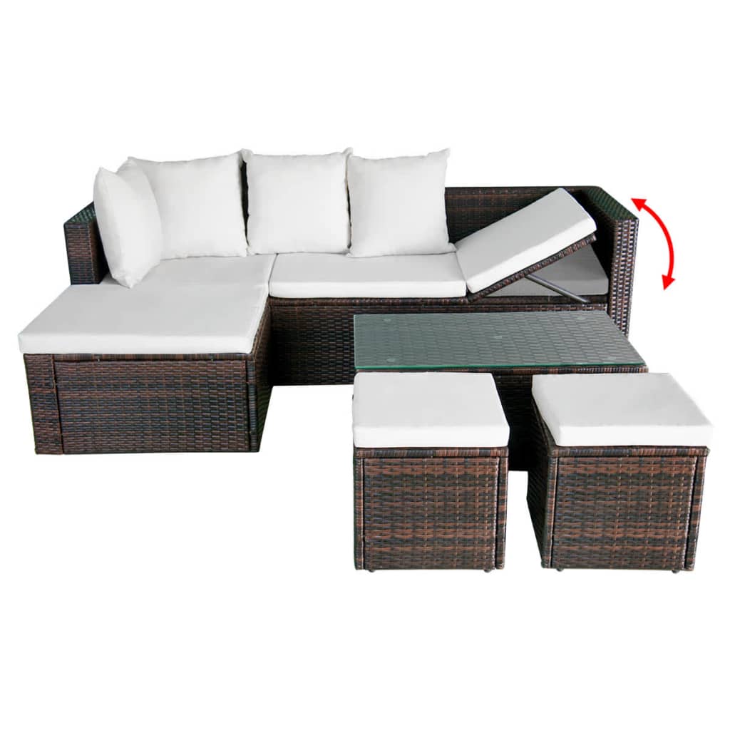 4 pcs conjunto lounge jardim c/ almofadões vime PE castanho