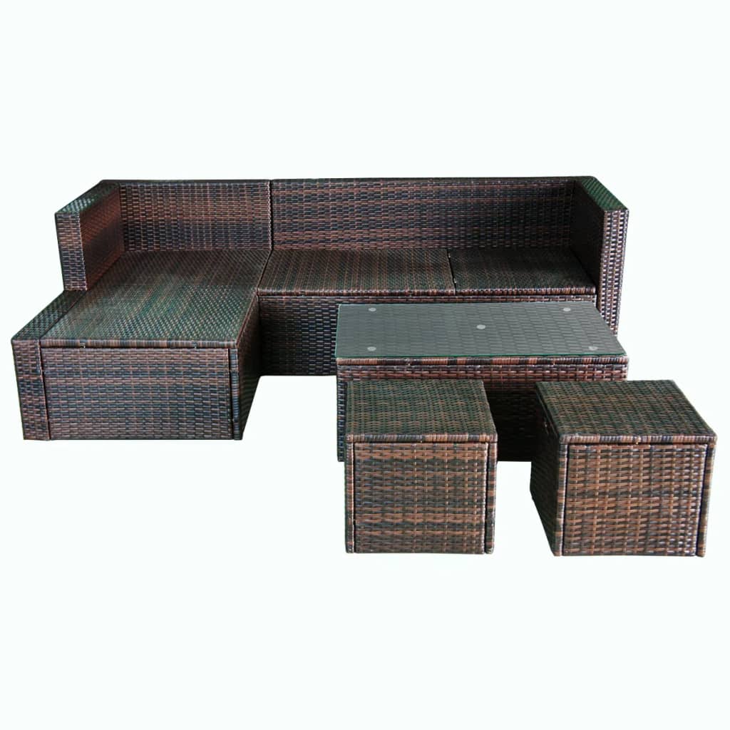 4 pcs conjunto lounge jardim c/ almofadões vime PE castanho