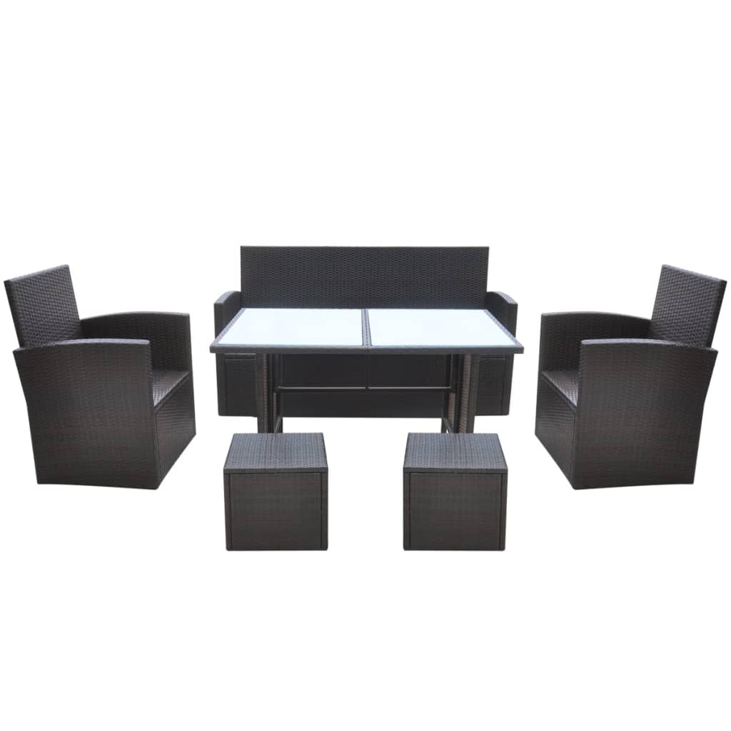 6 pcs conjunto jantar exterior com almofadões vime PE castanho