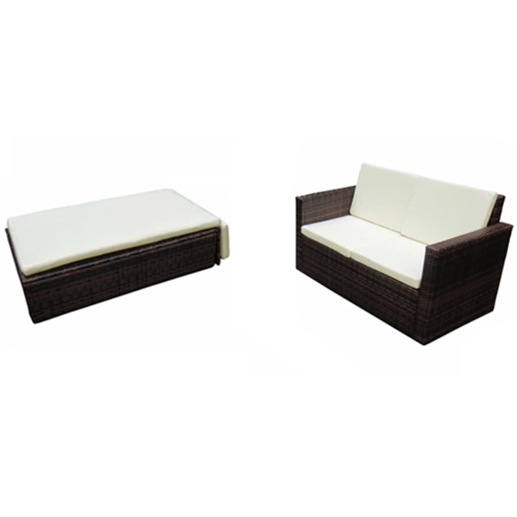 2 pcs conjunto lounge jardim c/ almofadões vime PE castanho
