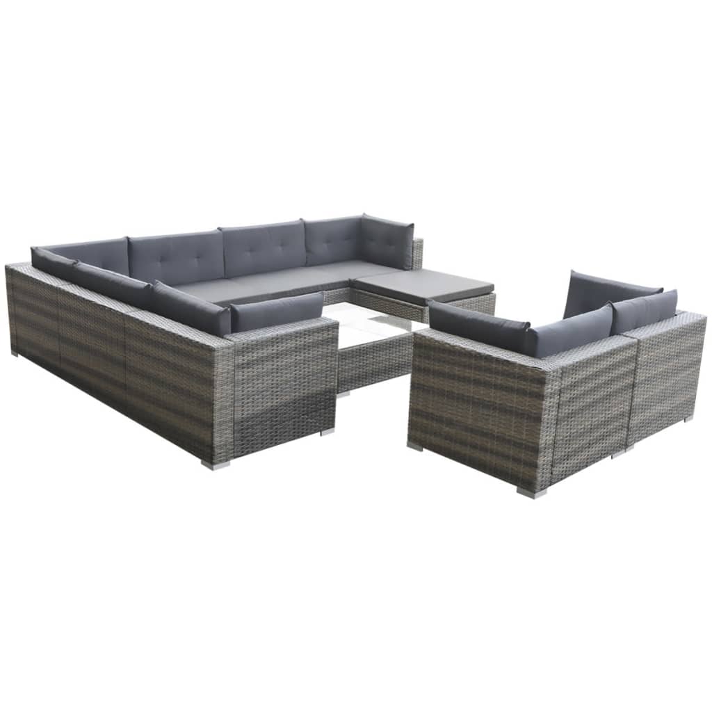 10 pcs conjunto lounge de jardim c/ almofadões vime PE cinzento