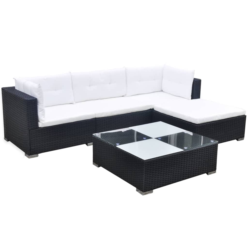 5 pcs conjunto lounge de jardim c/ almofadões vime PE preto