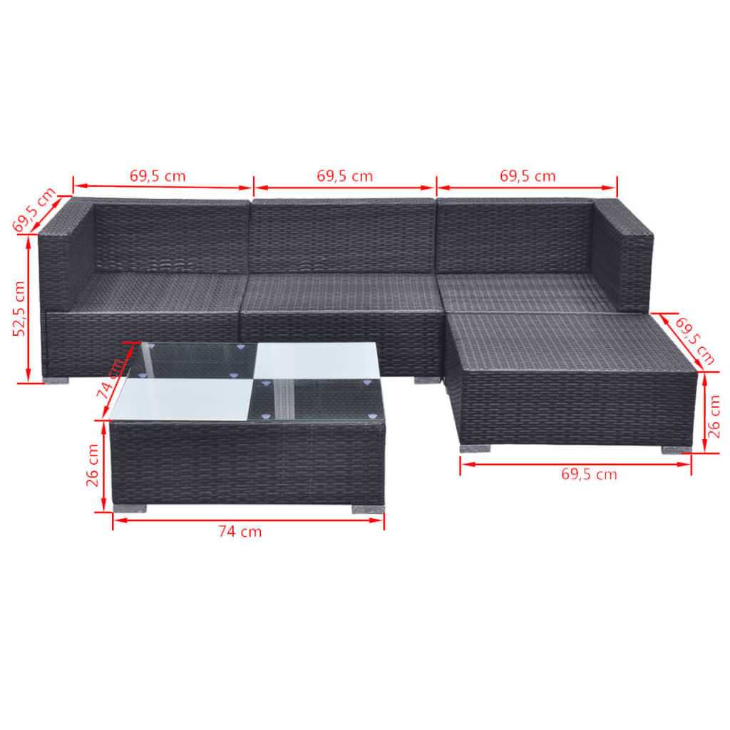 5 pcs conjunto lounge de jardim c/ almofadões vime PE preto