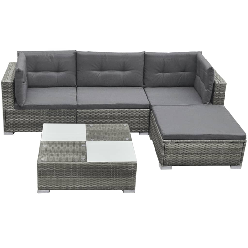 5 pcs conjunto lounge de jardim c/ almofadões vime PE cinzento