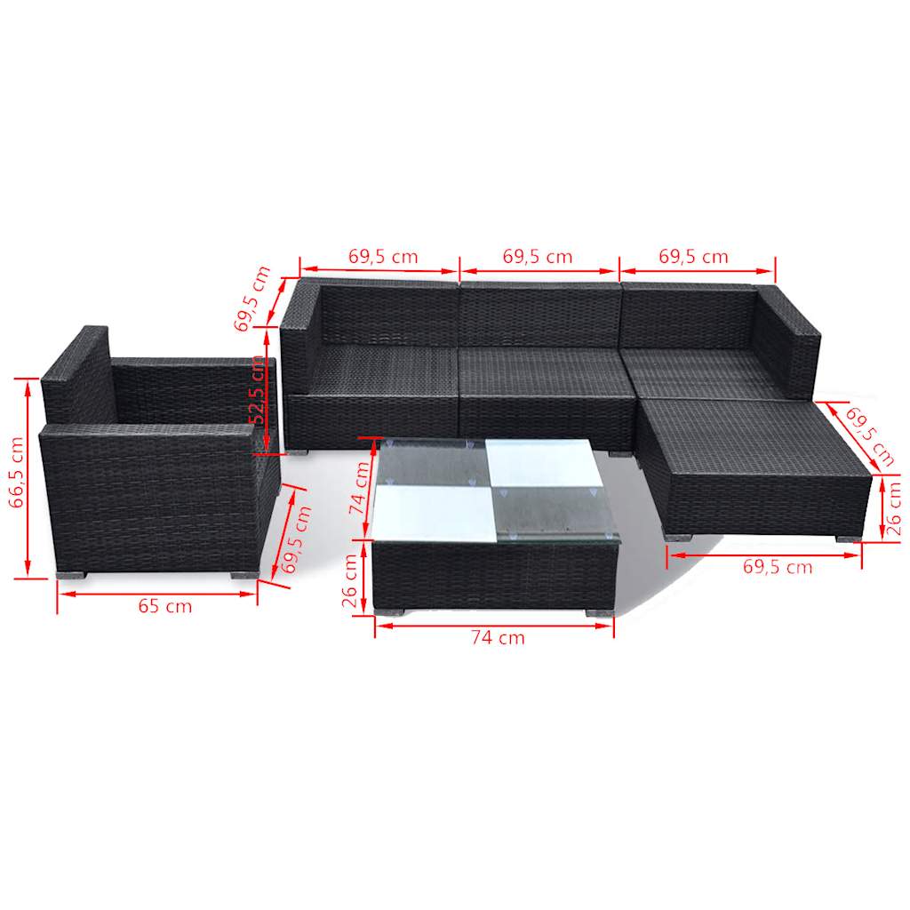 6 pcs conjunto lounge de jardim com almofadões vime PE preto