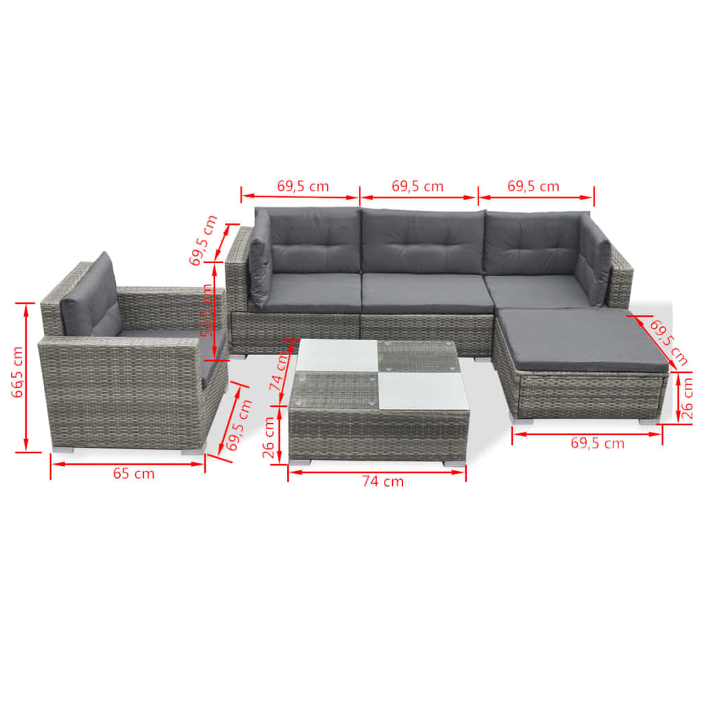6 pcs conjunto lounge de jardim c/ almofadões vime PE cinzento