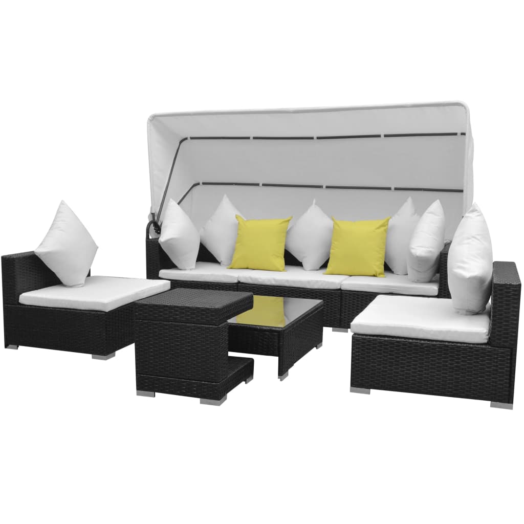 7 pcs conjunto de sofá para jardim com toldo vime PE preto