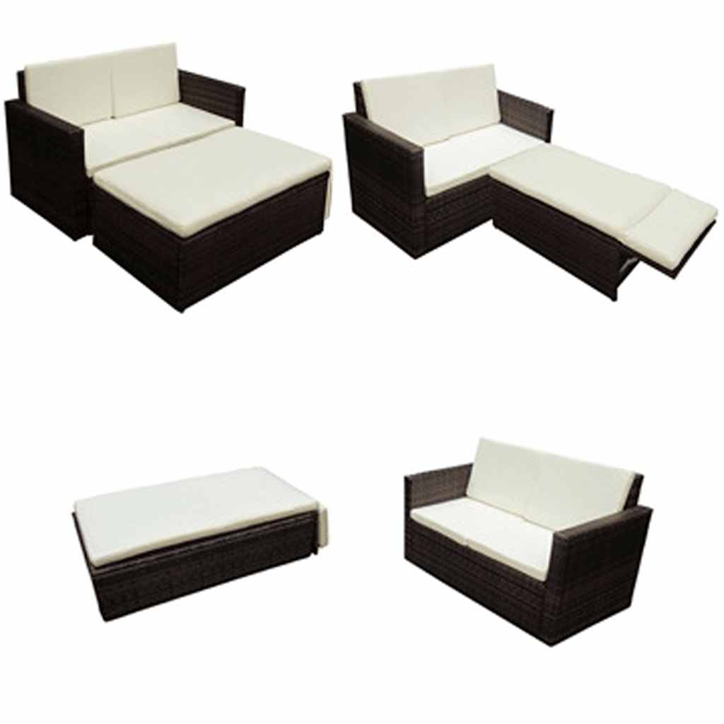 2 pcs conjunto lounge de jardim c/ almofadões vime PE castanho