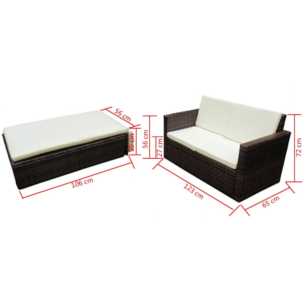 2 pcs conjunto lounge de jardim c/ almofadões vime PE castanho