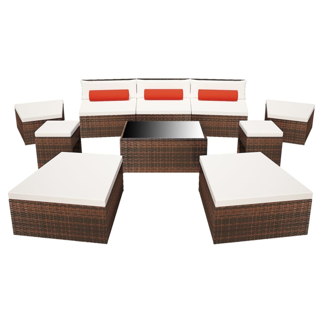 10 pcs conjunto lounge jardim c/ almofadões vime PE castanho