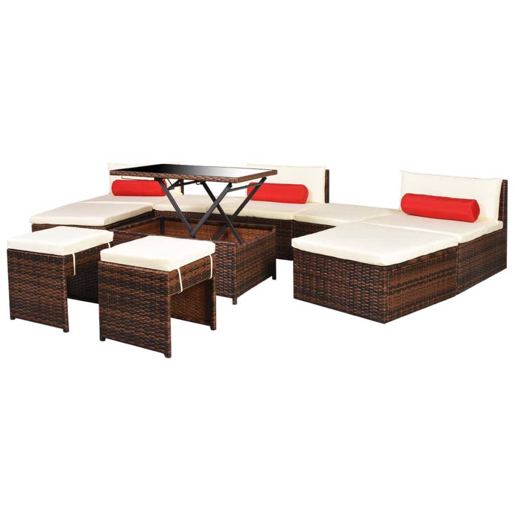 10 pcs conjunto lounge jardim c/ almofadões vime PE castanho