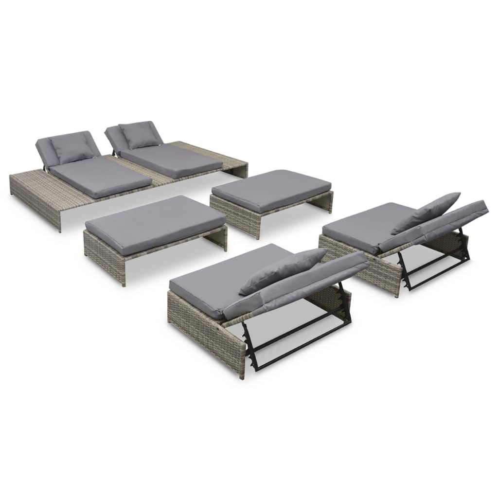 5 pcs conjunto lounge de jardim c/ almofadões vime PE cinzento