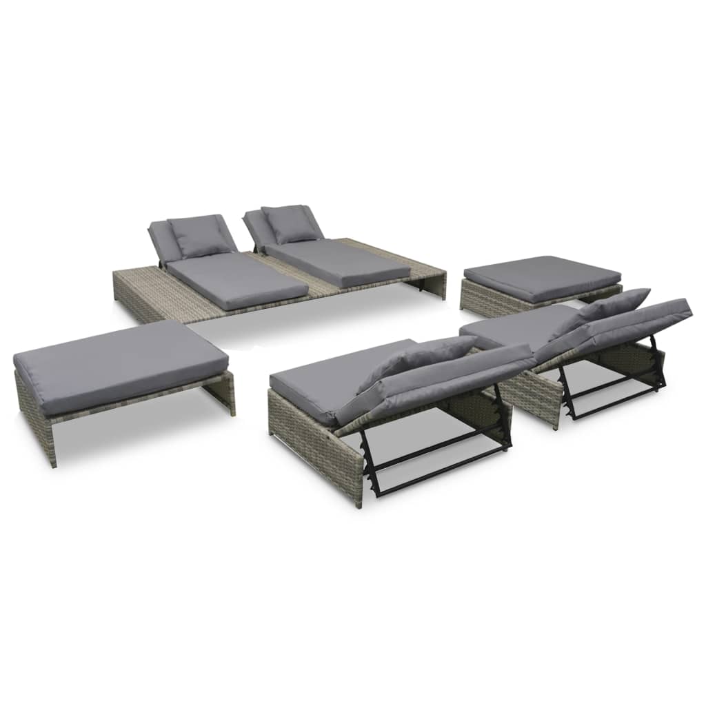5 pcs conjunto lounge de jardim c/ almofadões vime PE cinzento