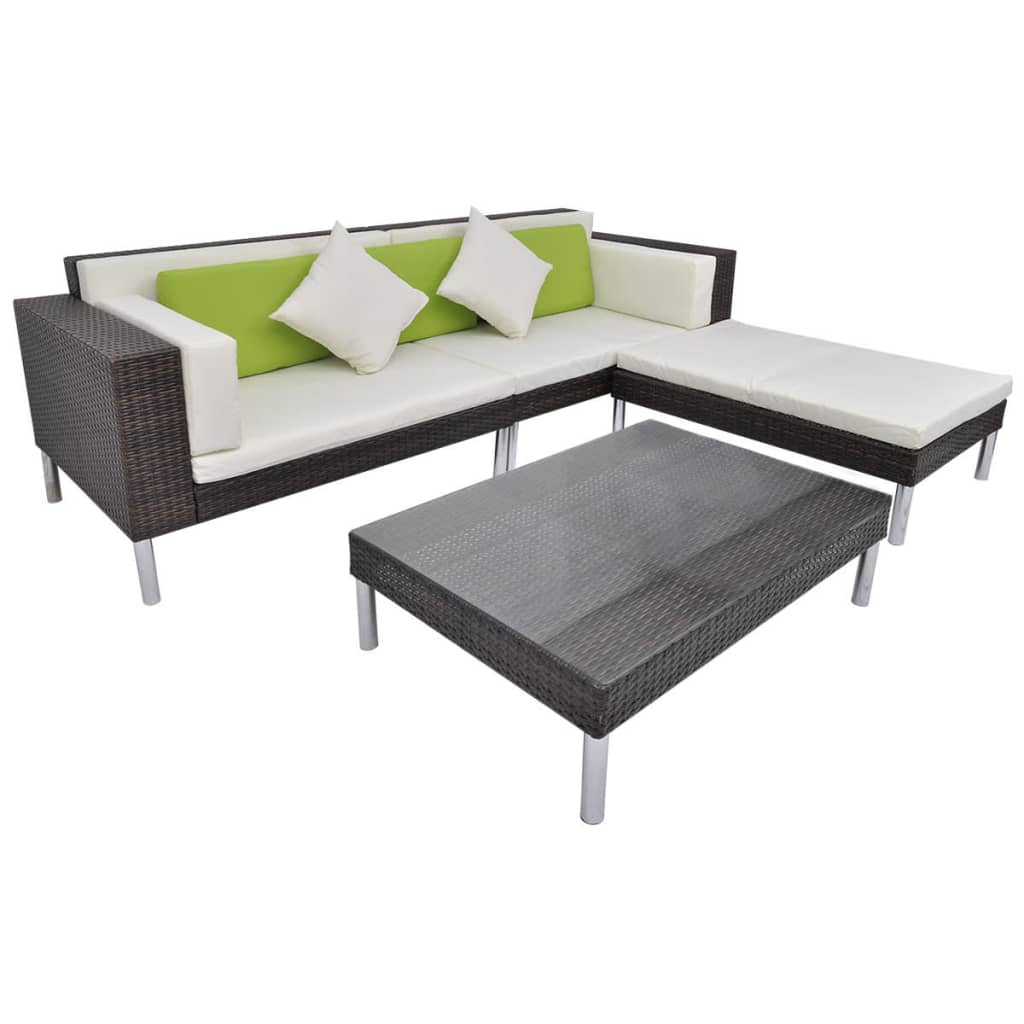 4 pcs conjunto lounge jardim c/ almofadões vime PE castanho