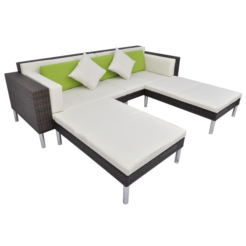 4 pcs conjunto lounge jardim c/ almofadões vime PE castanho