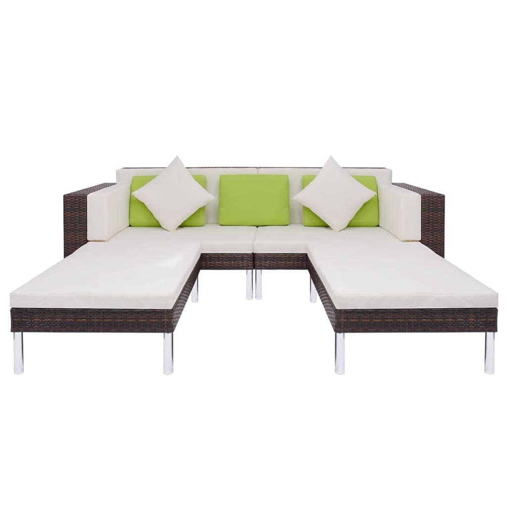 4 pcs conjunto lounge jardim c/ almofadões vime PE castanho
