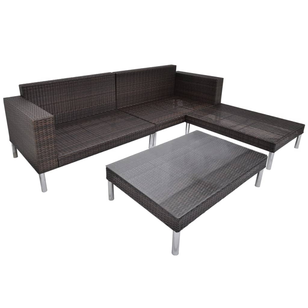4 pcs conjunto lounge jardim c/ almofadões vime PE castanho